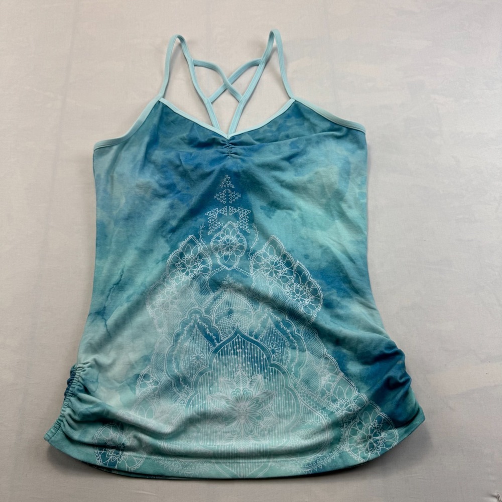 prAna Yoga Tank Top Womens M Blue Mandala Tie Dye Performance Criss Cross Strap